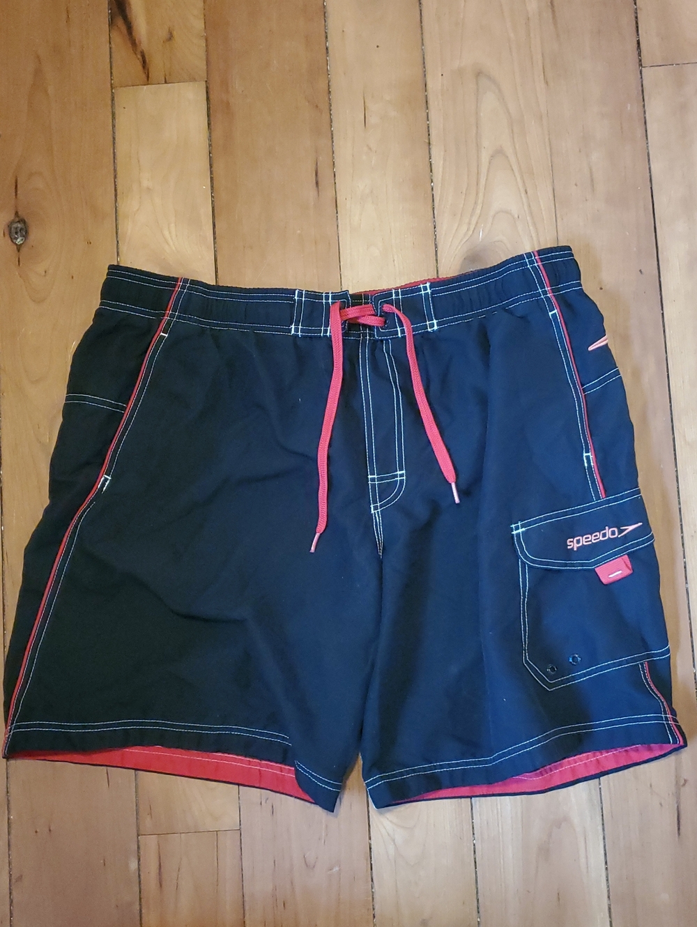 Speedo Men’s Navy  Cargo Style Swim Board Shorts with Red Accents